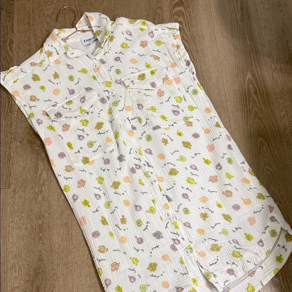 FRNCH White linen dress with Yellow and Green veggie Accents